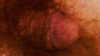 Gay chubby dude getting his bushy balls poked while relaxing solo