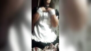 Femboy cosplay maid rides dildo like a desperate slut