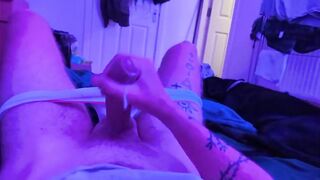 Daddy's fat cock busts out of tighty whities gagging moaning all over