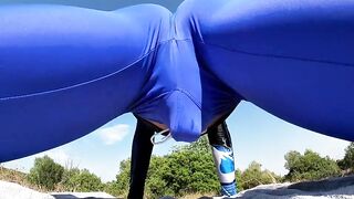Spandex bulge explosion cumming in workout leggings exposed