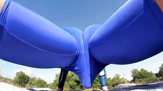 Spandex bulge explosion cumming in workout leggings exposed