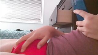 Tight red bikinis stuffed with cum while trying on gay underwear