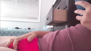 Tight red bikinis stuffed with cum while trying on gay underwear