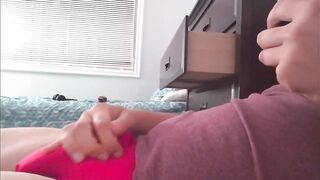 Tight red bikinis stuffed with cum while trying on gay underwear