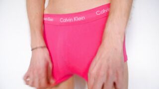 Twink cums twice in 30 seconds while wearing pink Calvin Klein underwear
