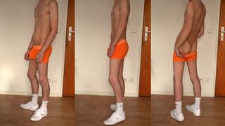 Twink tears through tight orange underwear while creaming all over his white socks
