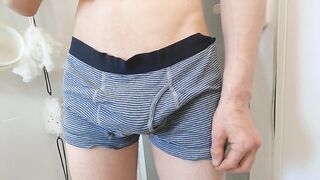 Japanese gay guy fills his soaking wet underwear with cum in solo bath