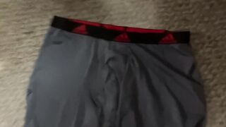Thick legs thick cock big load cum on underwear handjob