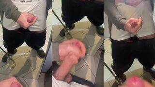 Twink jerks cum hard in mirror while daddy watches sticky mess