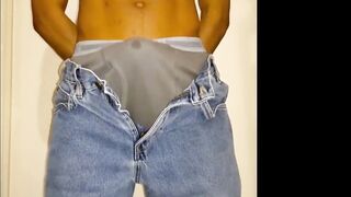 Throbbing cock milked hands free in tight gay briefs creampie