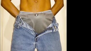 Throbbing cock milked hands free in tight gay briefs creampie