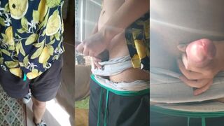 Standing Latino uncut dude jerking off after came back home