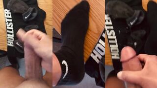 Sweaty gay jock in cum-drenched low cut socks gets destroyed by big load