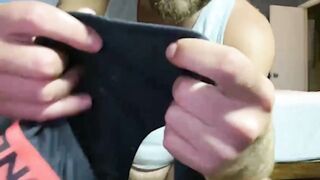Handsome southern muscle bear sniffs panties and cums all over them dirty underwear