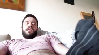 Bearded Aussie cub wanks on couch with his stinky underwear cum rag