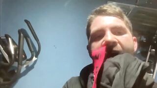 Tradesman's ripe Aussie Bonds gagged Chad Owen sniffs tight undies then raw gay wank