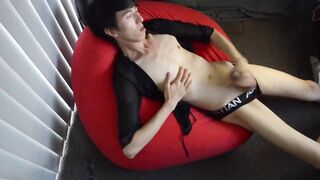Uncut twink jerks off until cum explosion ruins his tiny underwear