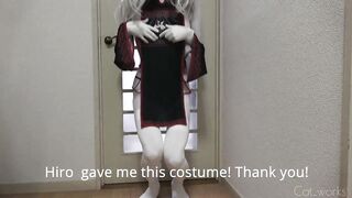 White crossdresser kigurumi sucks vampire cock in zentai