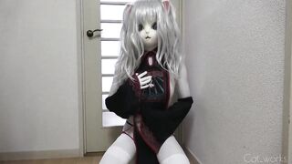 White crossdresser kigurumi sucks vampire cock in zentai