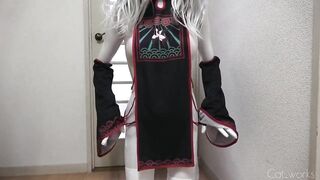 White crossdresser kigurumi sucks vampire cock in zentai