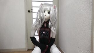 White crossdresser kigurumi sucks vampire cock in zentai