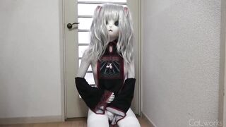 White crossdresser kigurumi sucks vampire cock in zentai