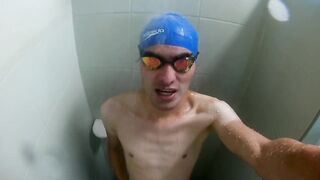 Big dick boy jerks off in speedo shower leaking cum all over