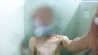 Big dick boy jerks off in speedo shower leaking cum all over