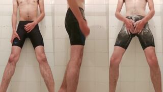 Speedo boy gets soaking wet then drips thick cum all over lycra in dirty bathroom