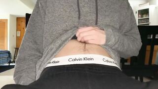 Twink boy jerks giant cock until thick cumshot ruins his tighty whities