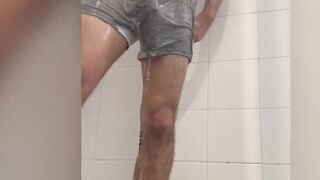 Hung Aussie Shower Wank cumshots under jocks with tattoo