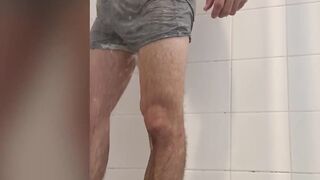 Hung Aussie Shower Wank cumshots under jocks with tattoo