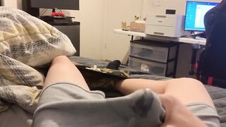 Gay white skinny boy cums in his boxers again messy load