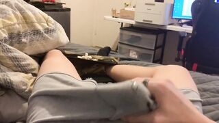 Gay white skinny boy cums in his boxers again messy load