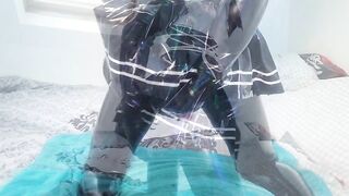 Femboy fisted to breathless anal orgasm in tight latex catsuit