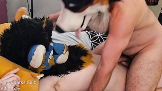 Good boy humps until his belly glistens with messy cum