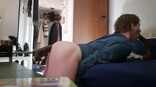 Thick dildo stuffed down my throat while fuck machine pummels my ass raw