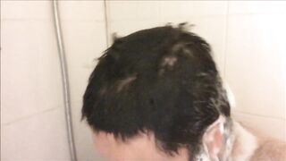 Bearded brute gets soaked in steamy solo shower mess