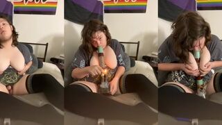 Thick thighs smoke with tit bong nearly caught