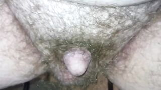 Gay chubby guy peeking shaking hairy bush with hanging balls relaxed