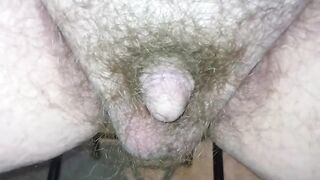 Gay chubby guy peeking shaking hairy bush with hanging balls relaxed