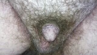 Gay chubby guy peeking shaking hairy bush with hanging balls relaxed