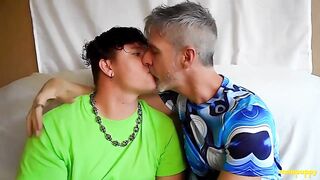 Old man ruins boy on sofa with sloppy make out session