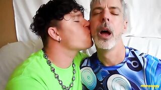 Old man ruins boy on sofa with sloppy make out session