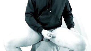 Russian teen slaps throbbing hairy cock till ropes of cum