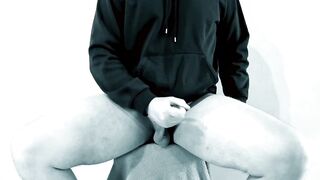 Russian teen slaps throbbing hairy cock till ropes of cum