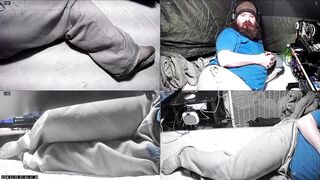 Chubby voyeur peeking belly bulge relaxing alone in tent