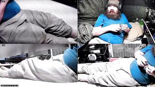 Chubby voyeur peeking belly bulge relaxing alone in tent