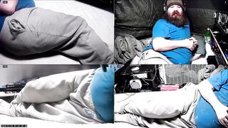 Chubby voyeur peeking belly bulge relaxing alone in tent