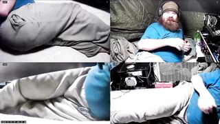 Chubby voyeur peeking belly bulge relaxing alone in tent